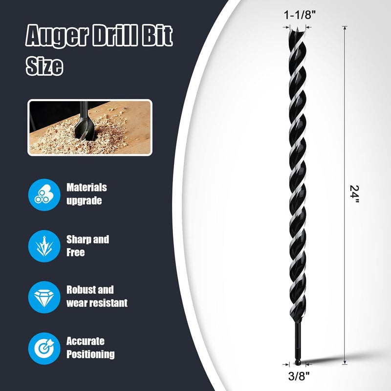 WOBLLMX 1-1/8" x 24" Auger Drill Bit for Wood, Hex Shank Tri Flute Ship Auger Long Drill Bit for Soft and Hard Wood,Tree Stump,Plastic,Drywall and Composite Materials - Image 2